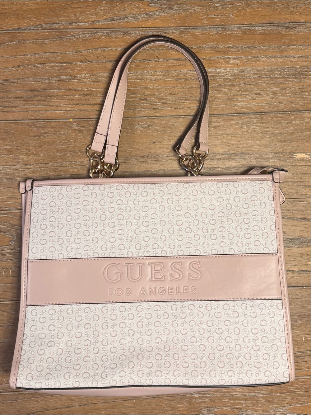 GUESS Pink Monogrammed Los Angeles Tote with Gold Hardware